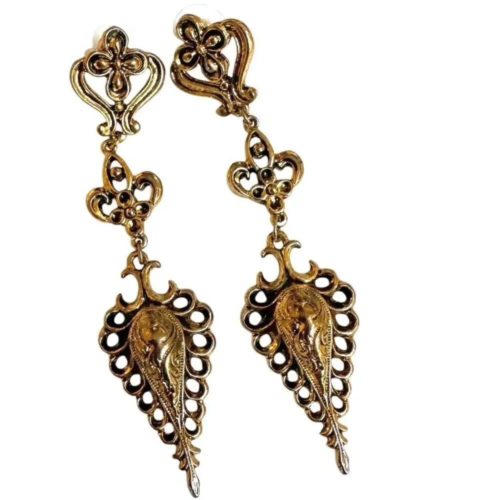 Gold tone Vintage Victorian Renaissance statement Dangle Earrings